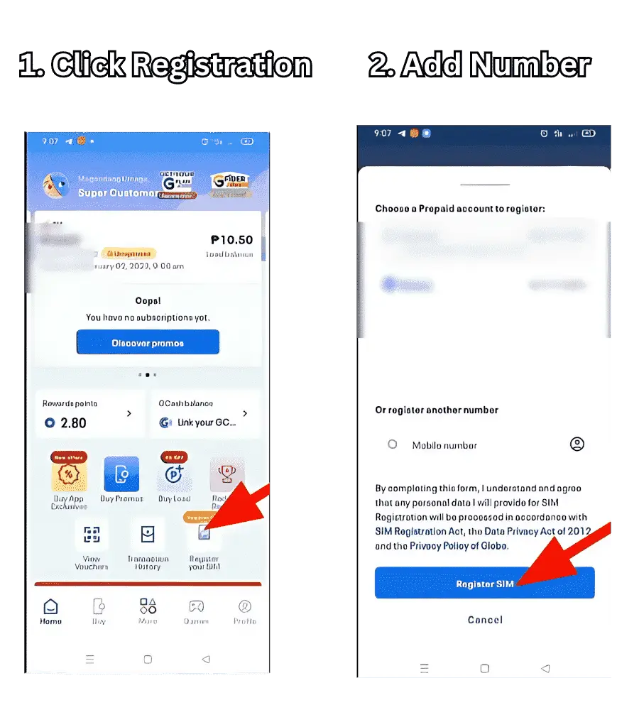 visual representation of first 2 steps registering globe sim card on globeone app