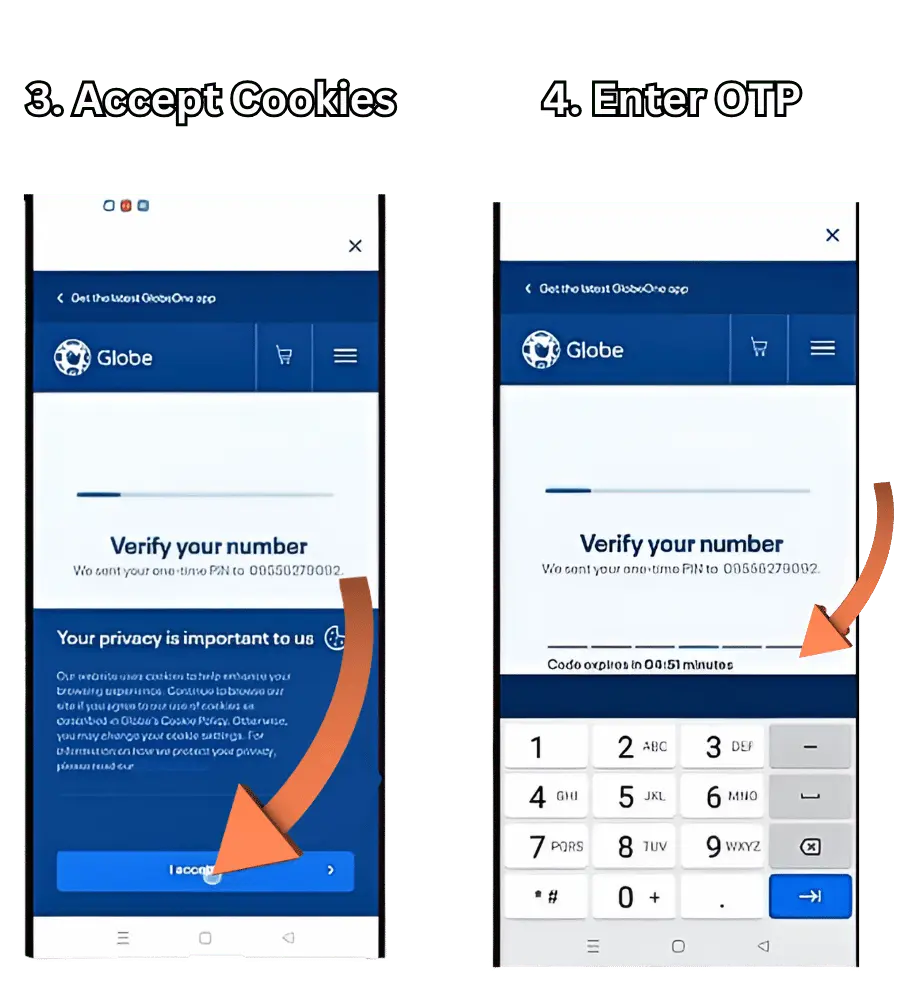 visual representation of step 3 and 4 registering globe sim card on globeone app