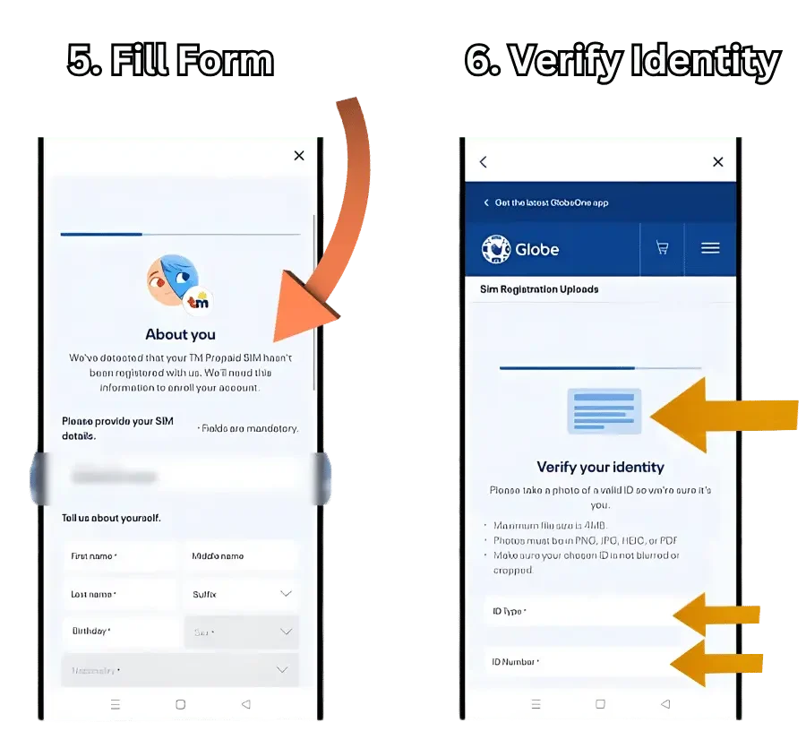 visual representation of step 5 and 6 registering globe sim card on globeone app