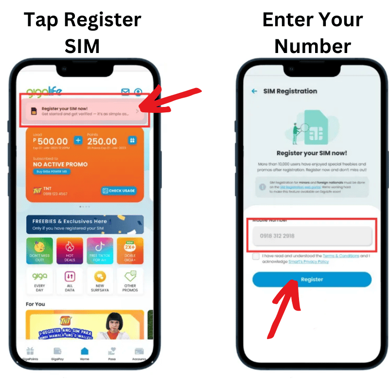 a screen showing register option, tap it, and then a screen appares that ask to enter enter number 