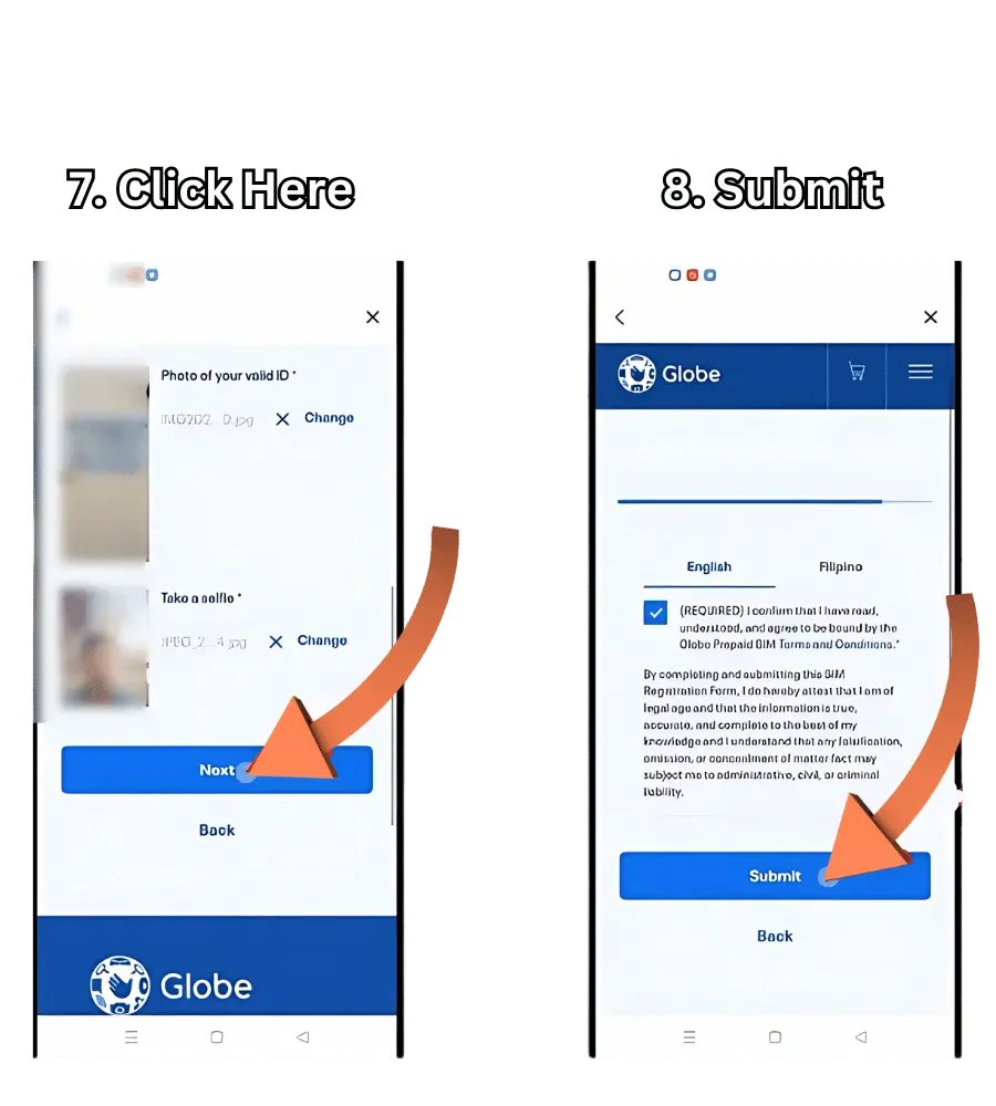 visual representation of step 7 and 8 registering globe sim card on globeone app