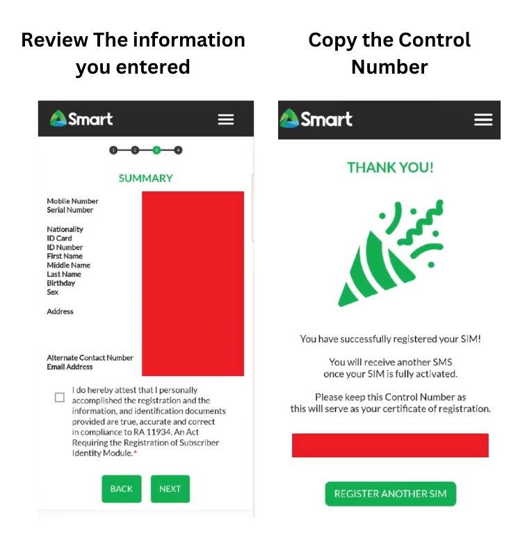 review the information you entered in the summary sections and after clicking the next button copy the control number, congratulations your TNT SIM will be Registered