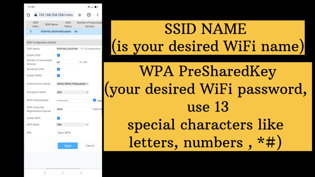 page showing ssid name and wpa presharedkey