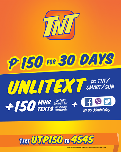 tnt promo for 30 dats with unlimited text to smart, tnt and sun