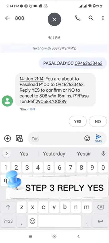 image showing PasaLoad Tm or Tnt, asking to reply yes to confirm the choice and share load