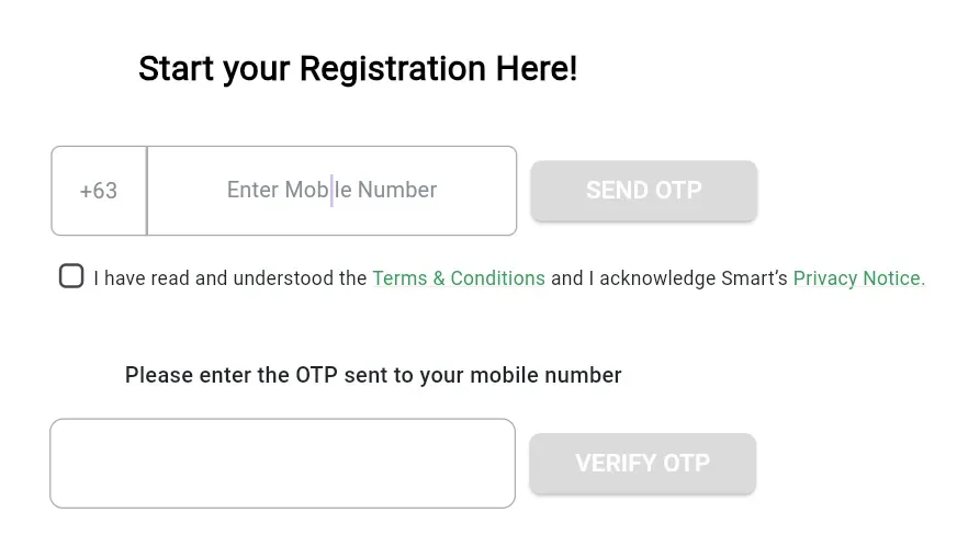 a screen showing start Tnt Sim registration with two boxes, in the first box you will enter your number, in the second number you will enter the otp received.